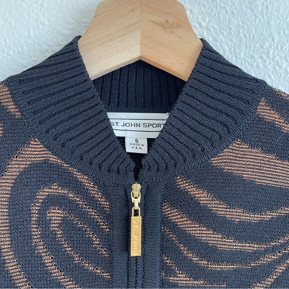 ST. JOHN SPORT Black Brown Wool Blend Swirl Print Mock Neck Full Zip Up Sweater - Picture 3 of 9